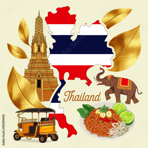 Thailand travel illustration with flag map, golden temple, tuk tuk, elephant and Pad Thai food, colorful Asian tourism design