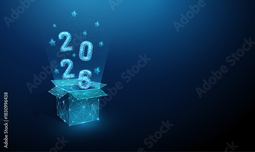2026 numbers bursting out of an open box. Creative thinking, idea generation, innovation, out-of-the-box approach, forward vision concept.