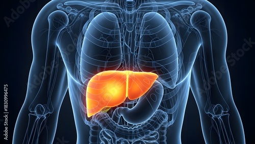 Anatomical illustration of a human torso with a highlighted liver, showcasing the organ's position within the body.