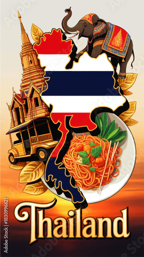 Thailand travel illustration with elephant temple tuk tuk noodles and map in national flag colors on sunset background