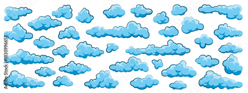 Painted cartoon clouds on blue background. Simple hand drawn round cloud, summer sky panorama, cloudscape. Flat design. Vector illustration.