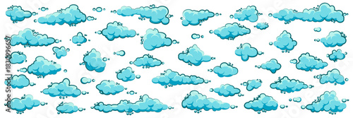 Painted cartoon clouds on blue background. Simple hand drawn round cloud, summer sky panorama, cloudscape. Flat design. Vector illustration.