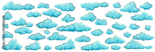 Painted cartoon clouds on blue background. Simple hand drawn round cloud, summer sky panorama, cloudscape. Flat design. Vector illustration.