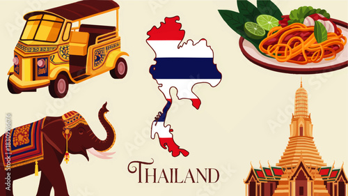 Colorful Thailand travel illustration with tuk tuk, Thai elephant, national map flag, temple landmark and traditional street food