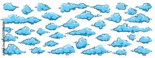 Painted cartoon clouds on blue background. Simple hand drawn round cloud, summer sky panorama, cloudscape. Flat design. Vector illustration.