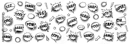 Comic colored speech bubbles with halftone shadow and text phrase. Sound expression of emotion. Hand drawn retro cartoon stickers. Pop art style. Vector illustration