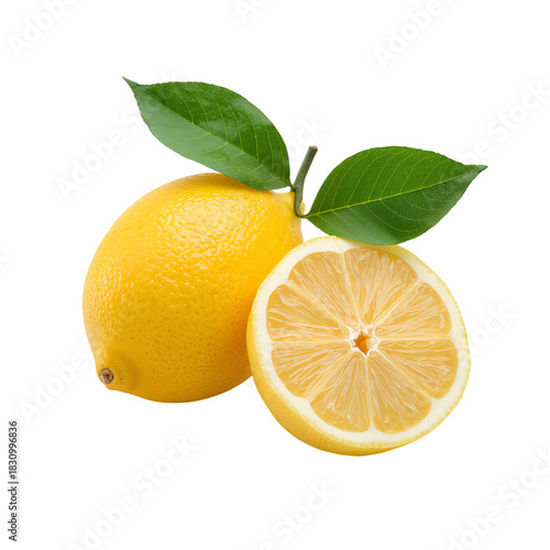 Fresh Lemon Cut in Half With Bright Yellow Color and Green Leaves on a White ...