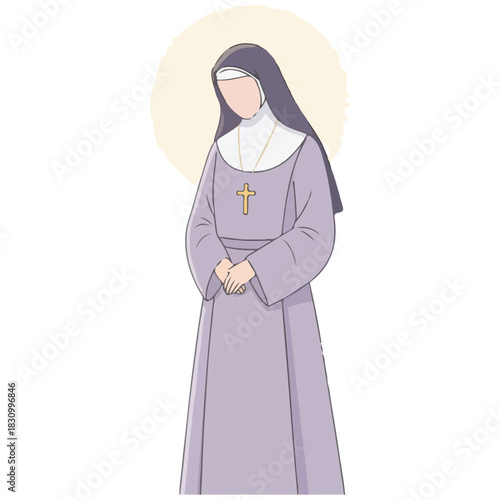 A nun in a purple habit with a cross and halo.