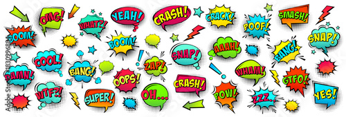 Comic colored speech bubbles with halftone shadow and text phrase. Sound expression of emotion. Hand drawn retro cartoon stickers. Pop art style. Vector illustration