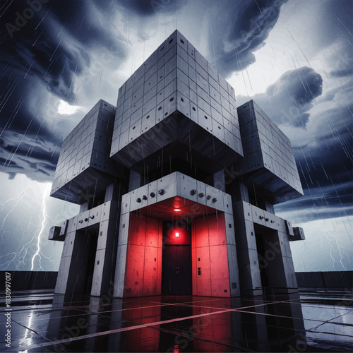 Futuristic brutalist cube tower in thunderstorm with red neon doorway, dramatic cyberpunk architecture at night in heavy rain