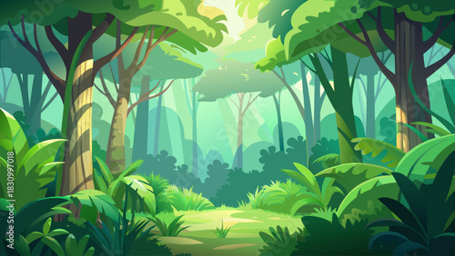 Soft-focus green forest background with lush plants and natural bokeh, perfect for product placement and eco-friendly branding. Calm atmosphere, bright organic setting for clean natural product