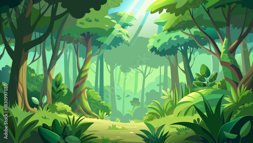 Soft-focus green forest background with lush plants and natural bokeh, perfect for product placement and eco-friendly branding. Calm atmosphere, bright organic setting for clean natural product