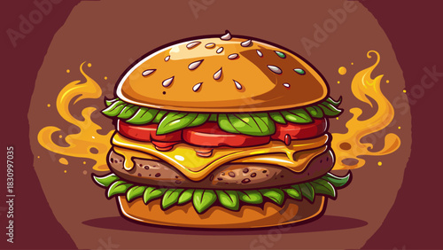 Gourmet burger with melting cheese and rising steam on a clean solid background, dramatic lighting, high-detail textures, juicy ingredients, right-side copy space for food advertising and premium