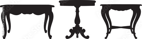 A trio of elegant antique table silhouettes, showcasing ornate legs and classic designs in stark black and white