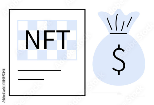 NFT text over a checkered background alongside a dollar money bag, symbolizing digital investment and blockchain finance. Ideal for NFT trade, cryptocurrency, online commerce, art sales, fintech