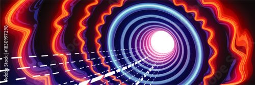 Futuristic neon tunnel vortex with glowing rings, abstract motion speed lines and vibrant sci fi light waves background