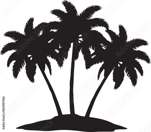 A captivating black silhouette illustration showcasing three tropical palm trees on a small island, perfect for summer designs and travel themes