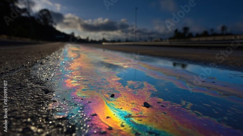 Petrol / gasoline oil spill on road tarmac (environmental hazard)