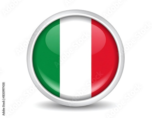 Button displaying Italian flag (green, white, red). Circular with glossy effect and border, shadow