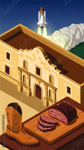 Texas culture illustration with cowboy boot, smoked meat, historic mission building and space shuttle launch under clear blue sky