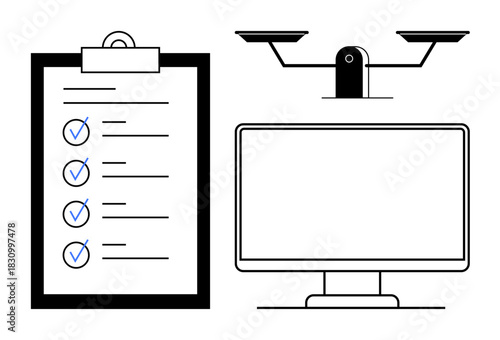 Checklist with marked items, computer monitor, and surveillance camera representing data security, task tracking, and surveillance. Ideal for compliance, productivity, safety, digital monitoring