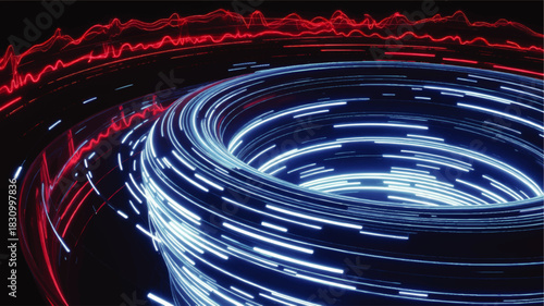 Futuristic blue light vortex and red wave lines on dark background, abstract data stream tunnel, high tech speed motion concept