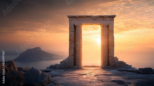 Stone archway with columns on a cliff overlooking the sea at sunset.  Dramatic sky and warm light.