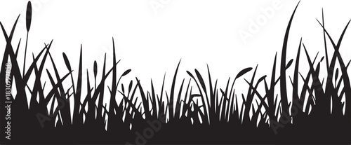 Serene Silhouette Black and White Illustration of Grass and Plants