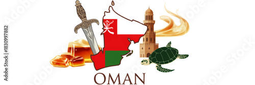 Oman cultural landmarks illustration with traditional khanjar dagger map incense fort frankincense and turtle tourism design