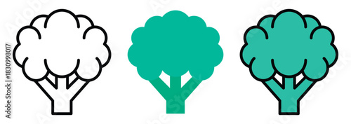 Fresh Green Broccoli Organic Vegetable Icon Set in Outline, Color & Flat Style