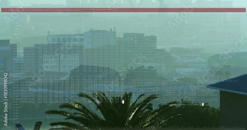 Overlay rising from top projecting dot grid and moving markers over skyline, analyzing facades