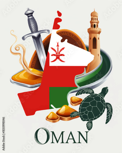 Oman cultural travel illustration with national map flag, traditional dagger, mosque tower, sea turtle and Arabian heritage icons