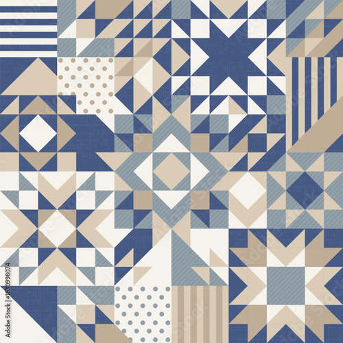 Winter Christmas stars patchwork, geometric background, seamless vector quilt folk art pattern