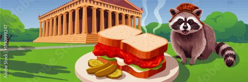 Cute raccoon in park with temple and steaming sandwich picnic, colorful vector illustration for travel, food blog and outdoor poster
