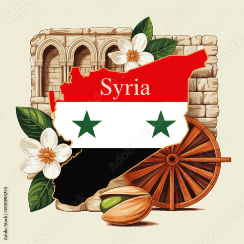 Syria map with national flag colors, jasmine flowers, pistachios and ancient ruins illustration celebrating Syrian culture and heritage