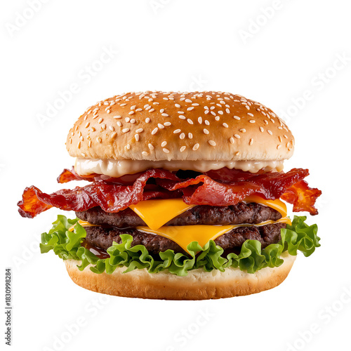 Juicy Burger Stacked With Bacon and Cheese on a Sesame Seed Bun