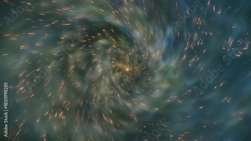 Abstract teal and green nebula with swirling center and scattered light particles effect motion