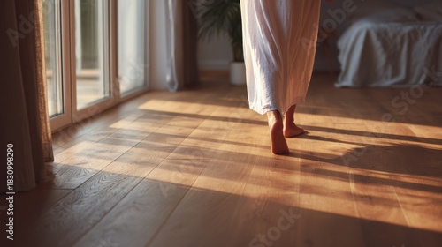 Close-up of bare feet walking on a heated floor in a cozy apartment. Concept of home heating, winter comfort, warm flooring, and modern interior technology