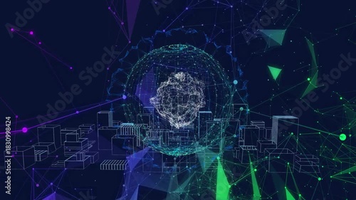 Initial particle cloud pulsing, central globe pulsing while wireframe city rising, showing network