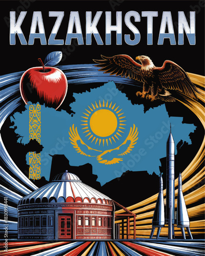 Kazakhstan travel poster with map flag eagle yurt space rocket and apple in colorful graphic illustration on black background