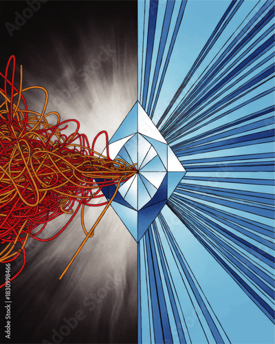 Abstract concept of problem solving transformation from chaos to clarity through geometric prism, split black and blue background