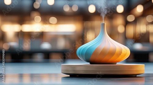 A colorful aroma diffuser with steam rising from it, placed on a wooden base indoors, with a blurred office background and warm lighting.