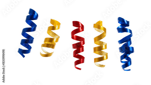 Blue ribbon yellow ribbon red ribbon curly party decoration isolated on transparent background festive celebration cheerful colorful shiny vibrant