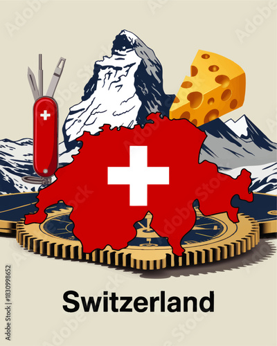 Switzerland travel illustration with Swiss Alps Matterhorn, cheese, knife, red map and watch gears tourism concept design