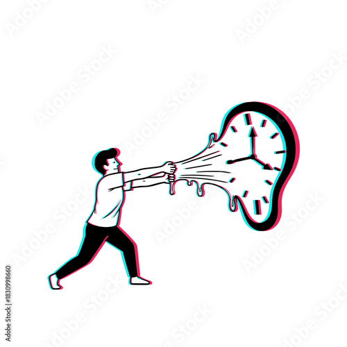 Man stretching flexible clock while pulling it forward in illustration  