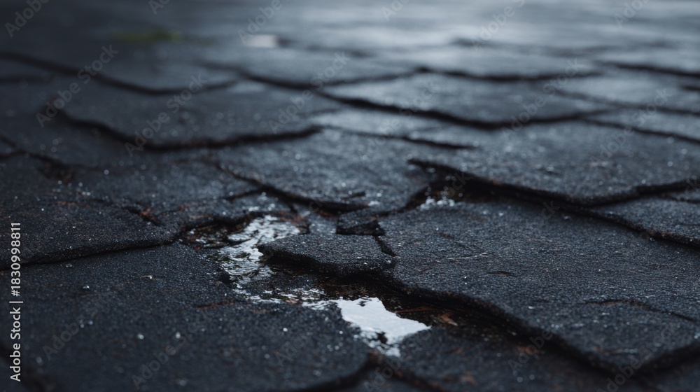 Obraz premium Raindrops fall over cracked asphalt shingles, creating a wet texture. Leak roof. The shallow depth of field highlights the damage on the roof, emphasizing the pooling water