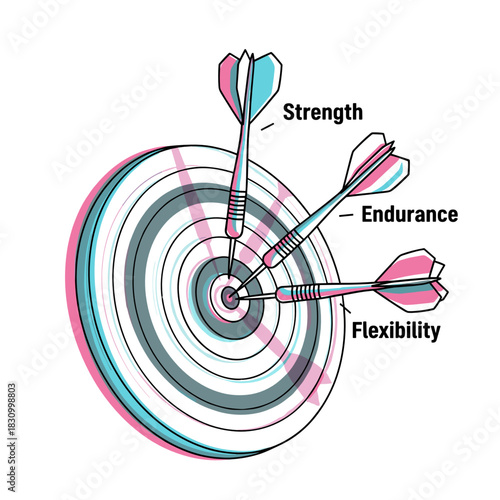 Darts hitting target board representing strength, endurance, and flexibility in fitness motivation and home workout routine  