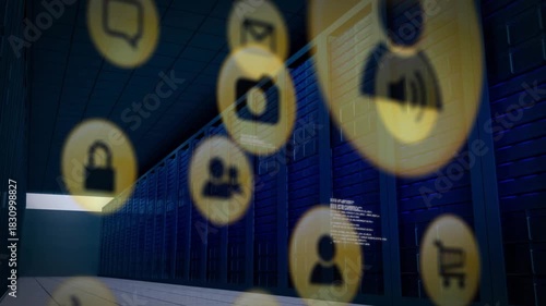 Floating gold icons drifting across corridor, scaling and moving after server pulse to reveal racks