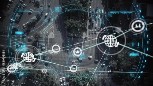 Topdown crossroads HUD activating from rings, circles rotating, nodes linking over traffic tracking