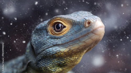 Wallpaper Mural Detailed ro portrait of a blue and green lizard s head with falling snow and a dark atmospheric background Torontodigital.ca